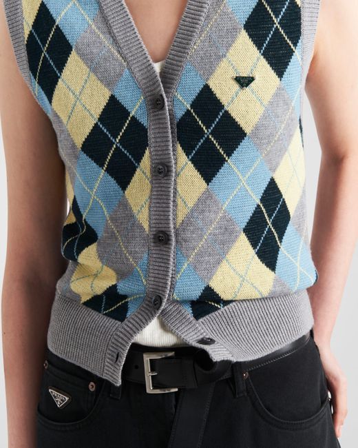 Prada Blue Wool Vest With An Argyle Pattern