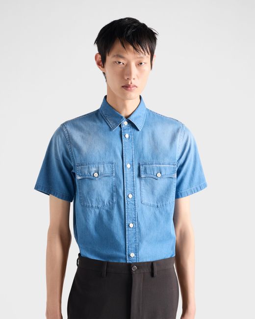 Prada Blue Short-Sleeved Light Denim Shirt for men