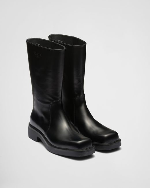 Prada Brushed Leather Stovepipe Boots in Black for Men | Lyst