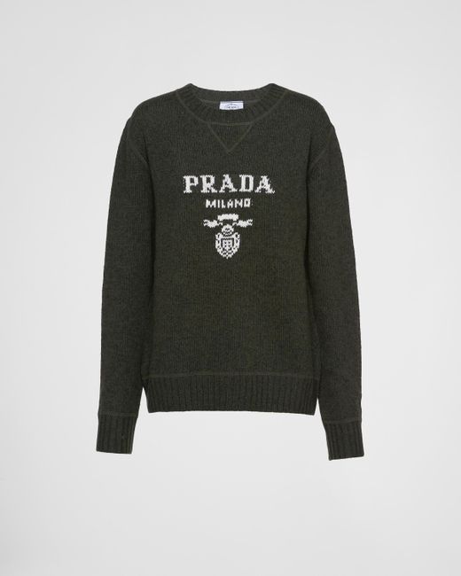 Prada Green Cashmere And Wool Logo Crew-Neck Sweater