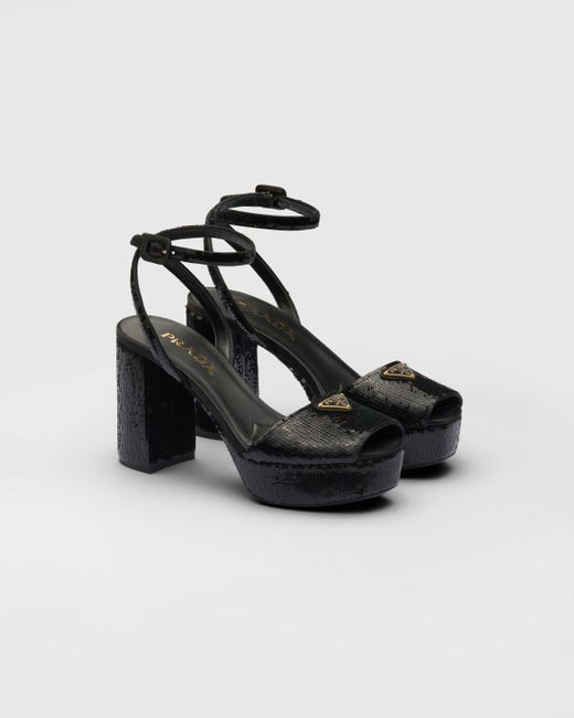 Prada Black Sequined Satin Platform Sandals