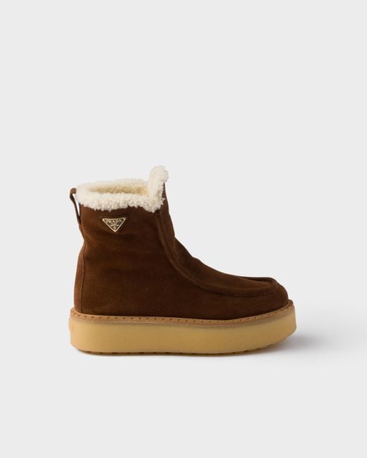 Prada Brown Suede And Shearling Booties