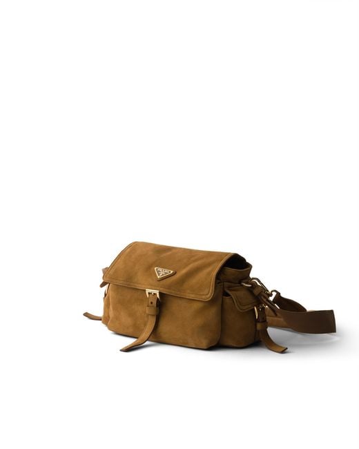 Prada Brown Explore Medium Suede Shoulder Bag With Flap