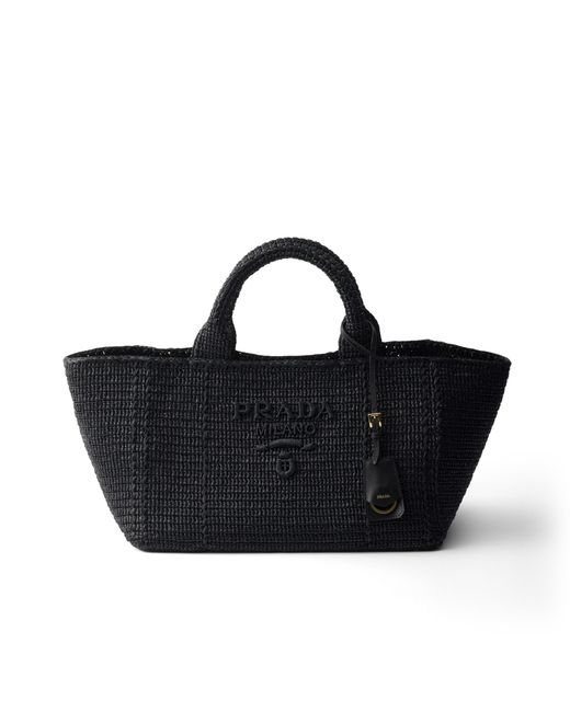 Prada Black Large Crochet Tote Bag With Leather Details