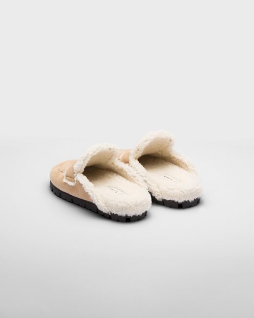 Prada White Shearling-lined Suede Backless Loafers