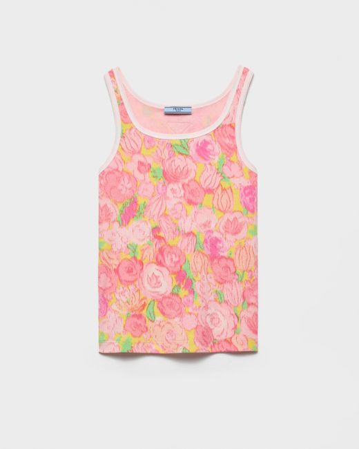 Prada Pink Geripptes Trägershirt Mit Blumen-Print
