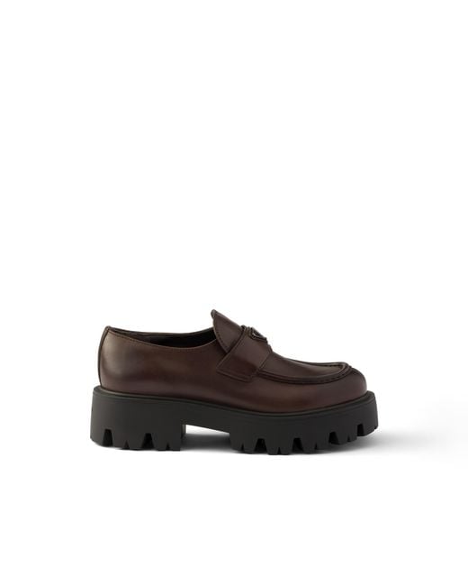 Prada Brown Leather Loafers, Teak