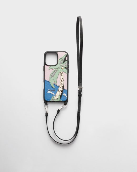 Prada White Saffiano And Ayers Leather Case For Iphone 16 Pro Max With Shoulder Strap for men