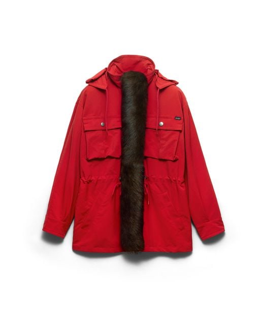 Prada Red Technical Fabric Parka With Shearling Trim