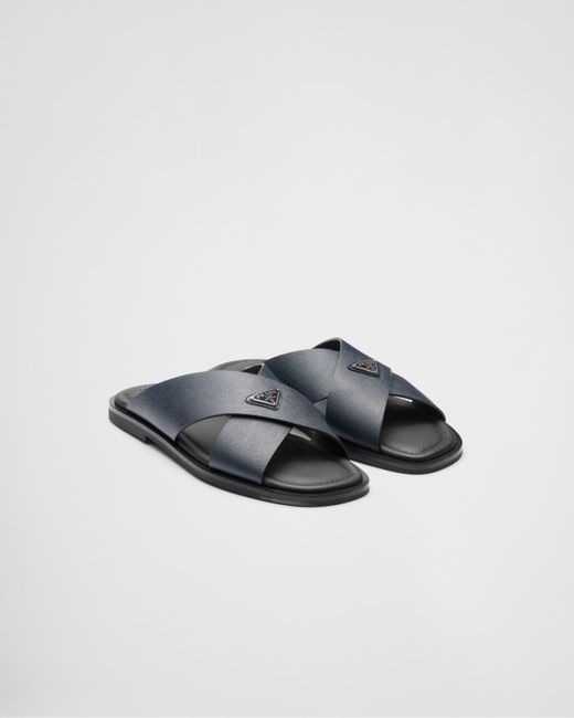 Prada Blue Saffiano Leather Crisscross Sandals for men