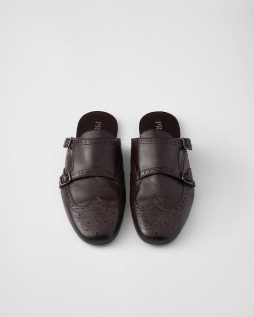 【日本入手困難】Shuffle double monk strap leather mules Prada Shuffle Antiqued Leather Double Monk Strap Mules in