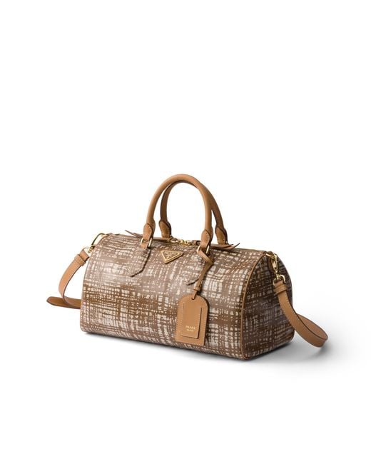 Prada Brown Medium Linen Blend And Leather Top-Handle Bag, Brandy