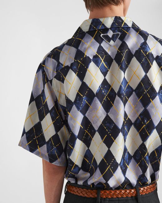 Prada Blue Short-Sleeved Argyle-Pattern Silk Twill Shirt for men