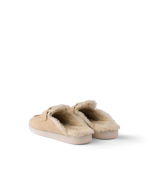Prada White Suede And Shearling Mules