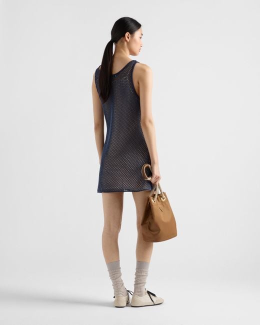 Prada Blue Kleid Aus Baumwoll-Meshgewebe