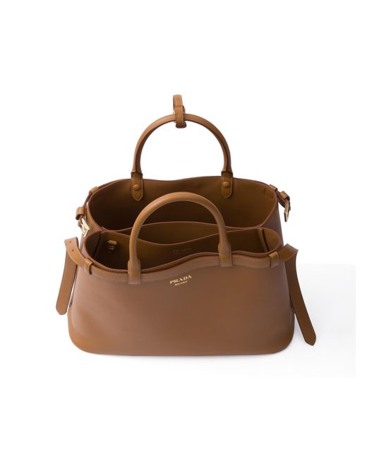 Prada Brown Buckle Medium Leather Handbag With Double Belt