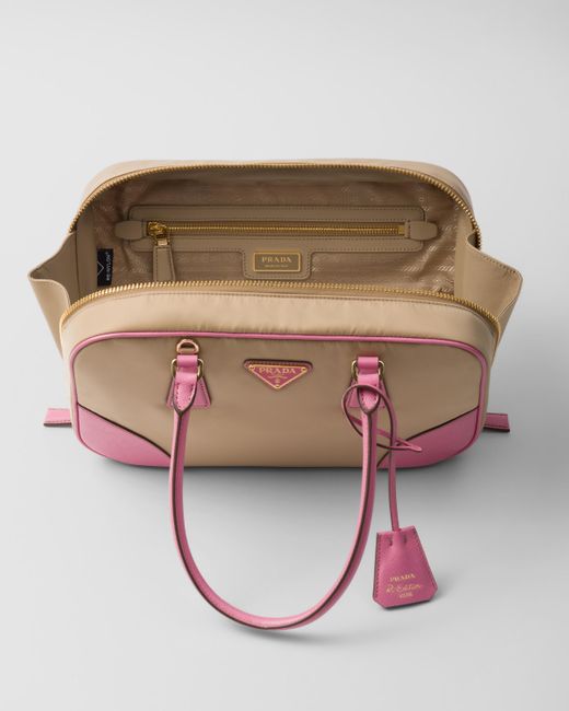 Prada Pink Re-Edition 1978 Medium Tasche Mit Zwei Griffen Aus Re-Nylon Und Saffiano-Leder
