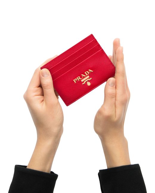 Prada Red Fuoco (dark ) Logo Saffiano Leather Cardholder