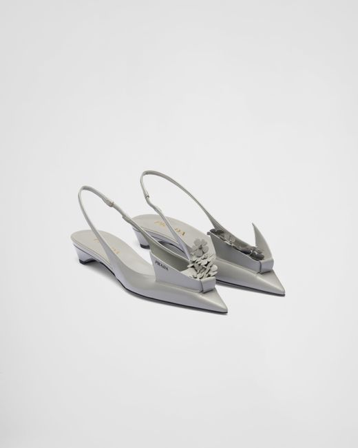 Prada White Brushed Leather Slingback Pumps With Floral Appliques