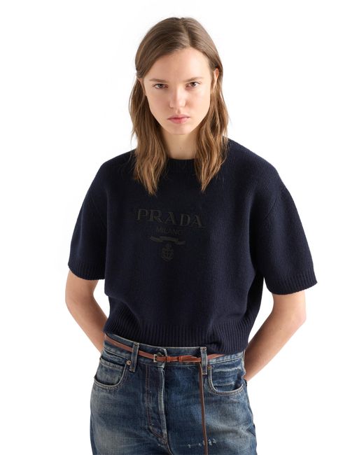 Prada Blue Wool And Cashmere Crew-Neck Sweater