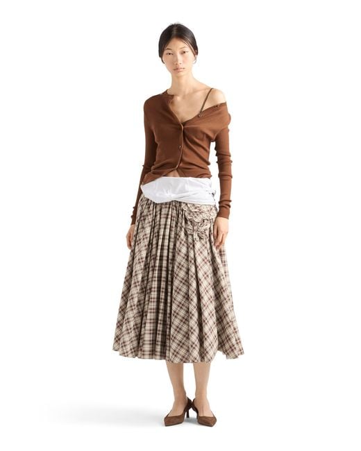 Prada Natural Embroidered Checked Poplin Dress, Ivory/Cocoa