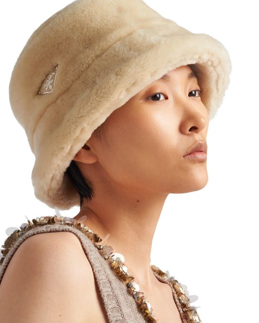 Prada White Shearling Bucket Hat
