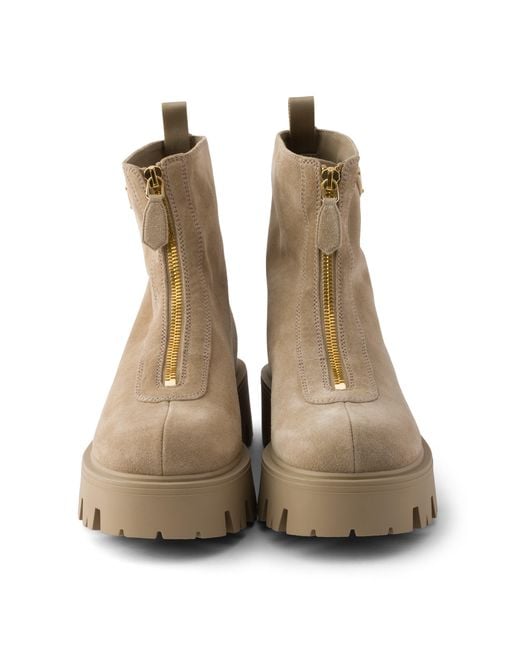 Prada Natural Suede Booties With Zip