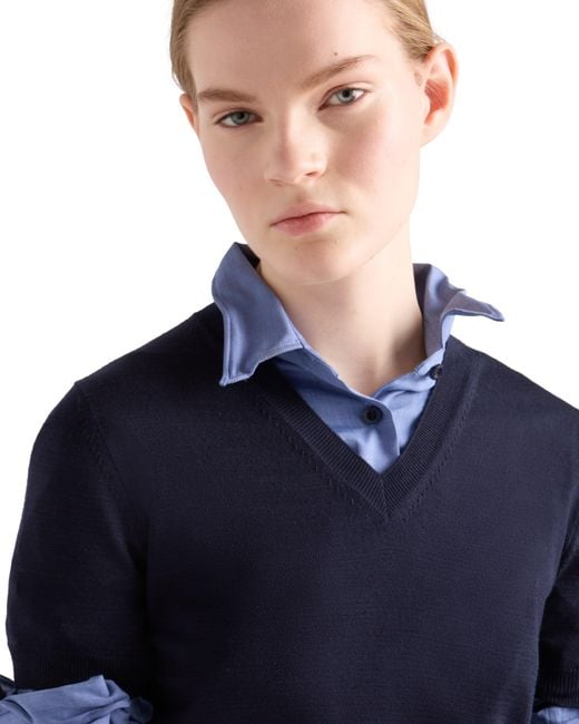 Prada Blue V-Neck Wool Sweater