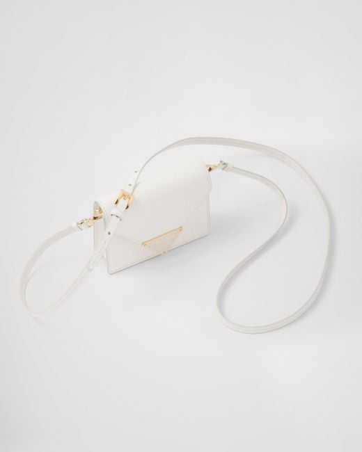 Prada White Saffiano Leather Card Holder With Shoulder Strap