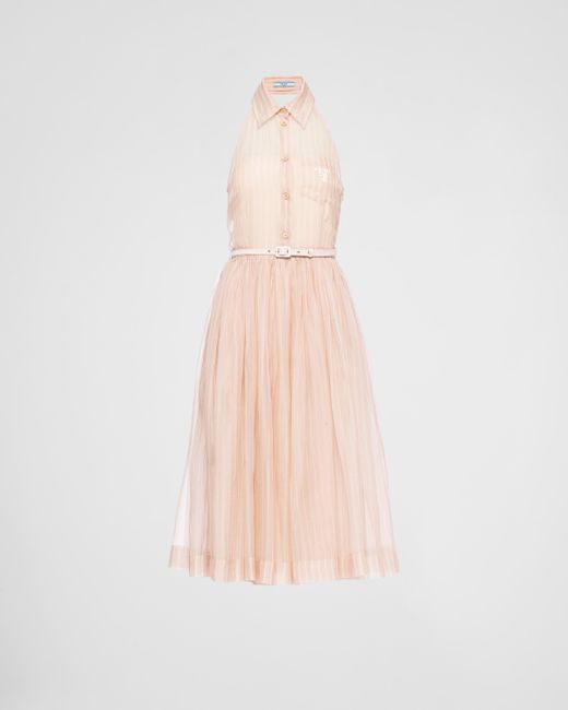 Prada Pink Besticktes Kleid Aus Gestreiftem Organza