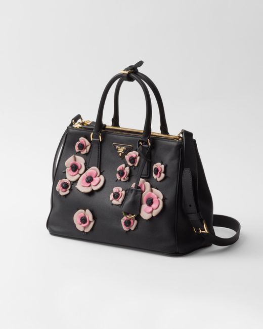 Prada Black Große Galleria Tasche Aus Leder Mit Blumenapplikationen