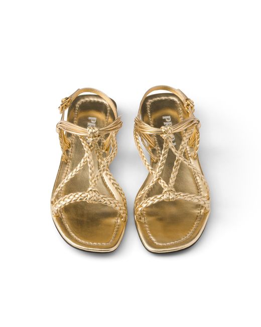 Prada Metallic Flat Mordoré Nappa Leather Sandals, Platinum, Size 36