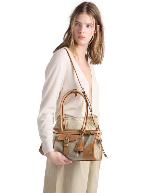 Prada White Bonnie Medium Linen And Leather Handbag