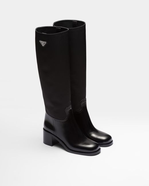 Prada Black Brushed Leather And Re-nylon Boots