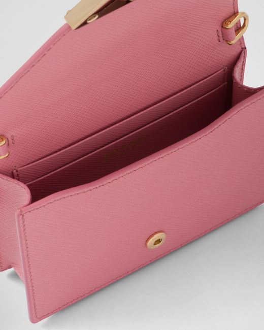 Prada Pink Saffiano Leather Card Holder With Shoulder Strap