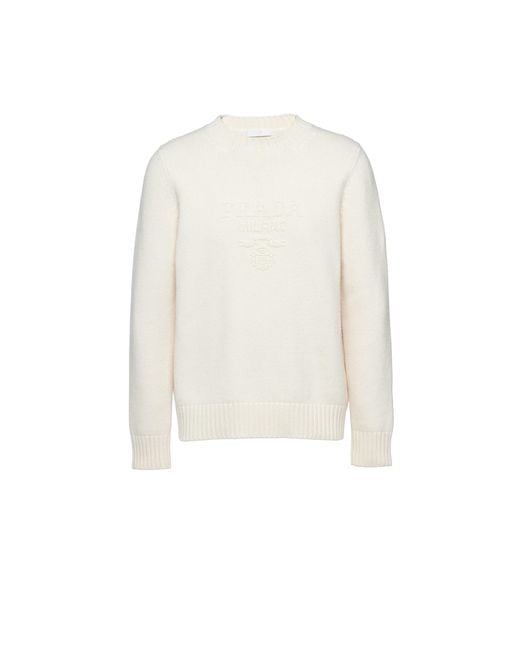 Prada White Brand-Embroidered Crewneck Wool And Cashmere-Blend Jumper for men