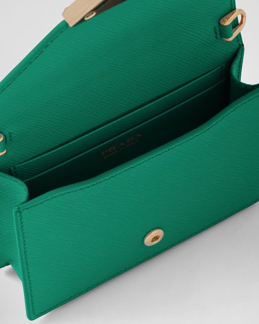 Prada Green Saffiano Leather Card Holder With Shoulder Strap