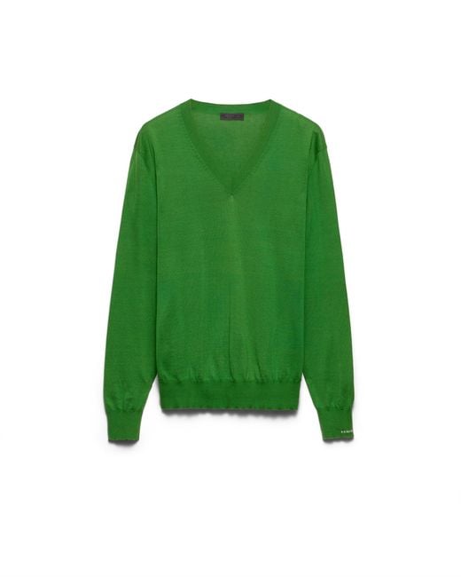 Prada Green Cotton V-Neck Sweater for men