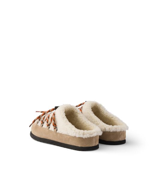 Prada Brown Suede And Shearling Mules