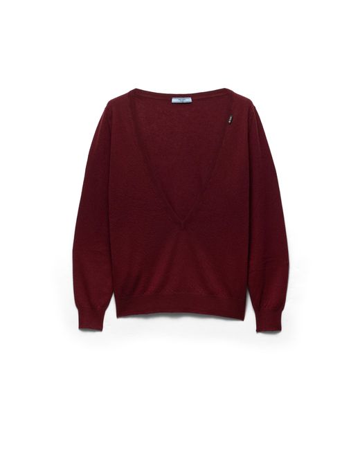 Prada Red Cashmere V-Neck Sweater, Amaranth