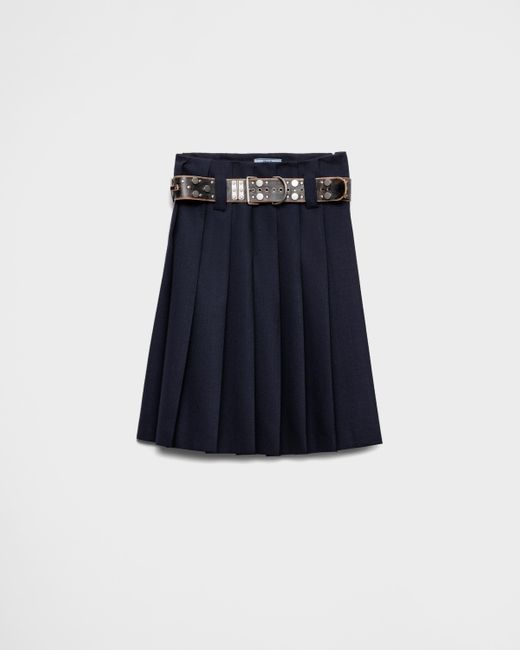 Prada Blue Pleated Rush Stitch Skirt With Belt