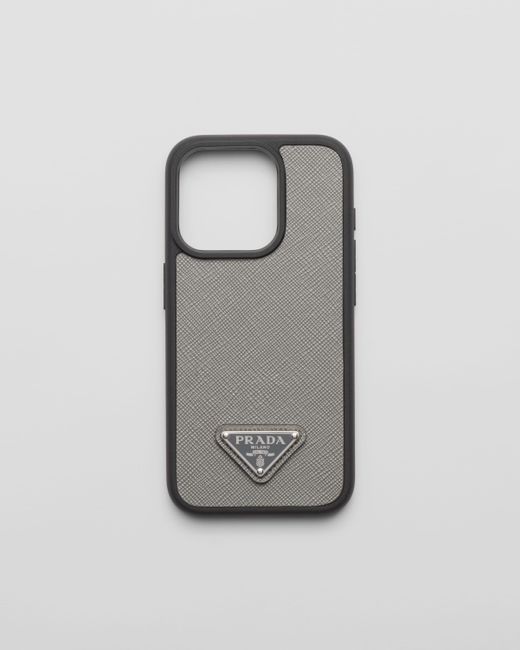 Prada Gray Saffiano Leather Cover For Iphone 15 Pro for men