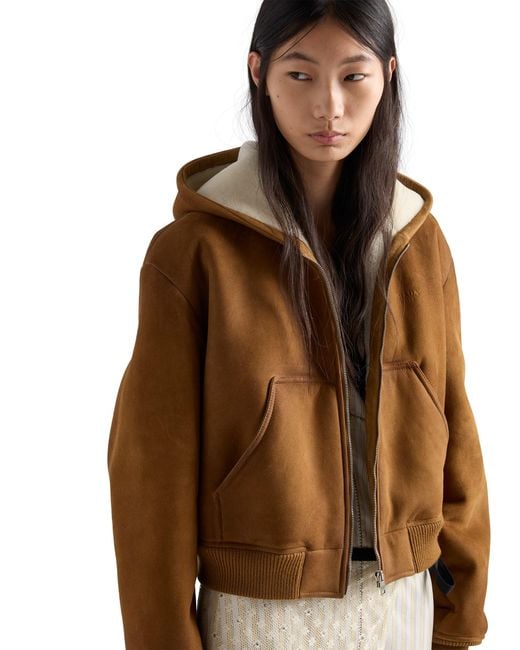 Prada Brown Hooded Shearling Jacket, Tobacco