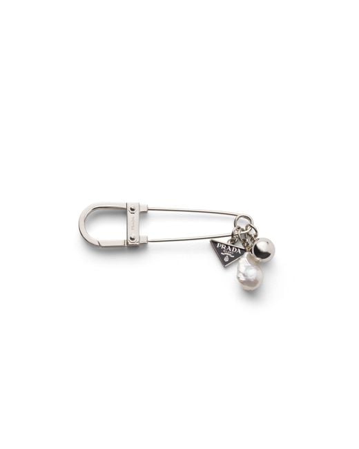 Prada White Metal And Pearl Brooch