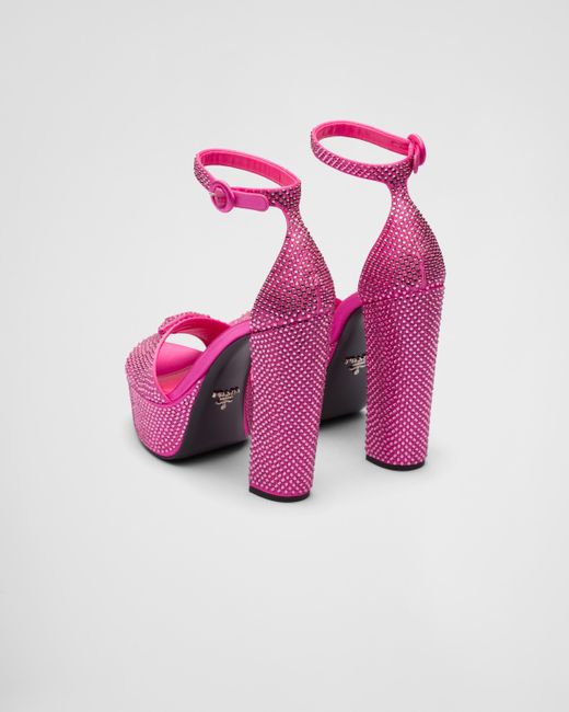 Prada Pink Satin Platform Sandals With Crystals