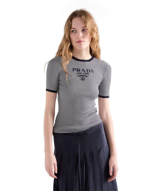 Prada Gray Striped Silk Crew-Neck Sweater