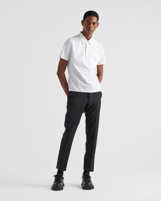 Prada White Stretch Cotton Polo Shirt With Re-Nylon Details for men