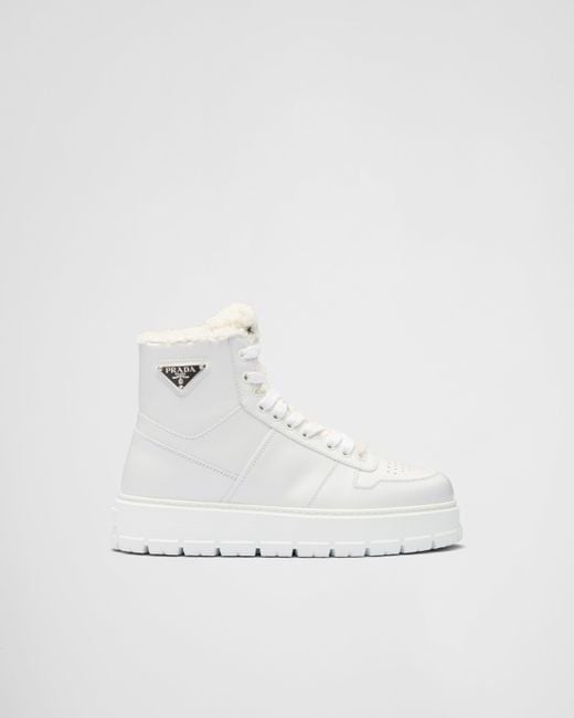 Prada White Shearling-detail High-top Sneakers