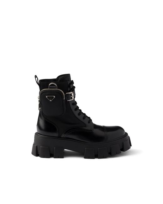 Prada Black Monolith Leather And Re-Nylon Booties With Pouch