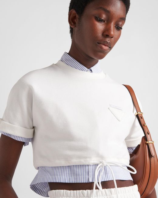 Prada White Cropped Cotton Fleece T-Shirt